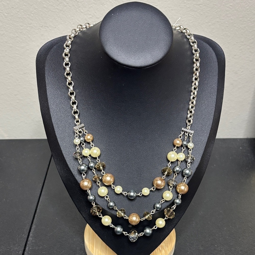 Elegant Multi-Color Faux Pearl Silver Tone Layered Beaded Necklace